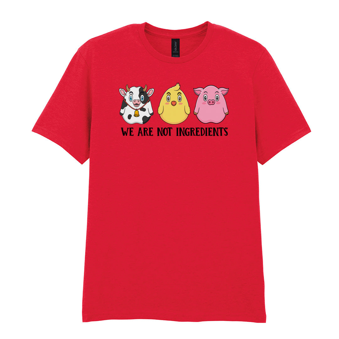 IPRINTOP We Are Not Ingredients Graphic T-Shirt in Red - cartoon cow, chick and pig