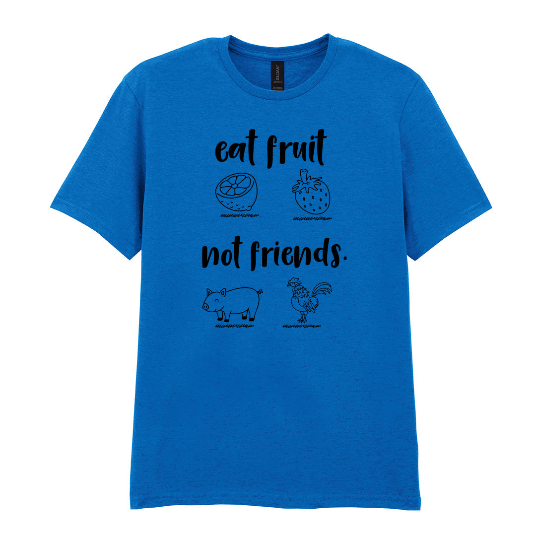IPRINTOP Eat Fruit Not Friends Graphic T-Shirt in Royal - fruit, pig and chicken illustrations
