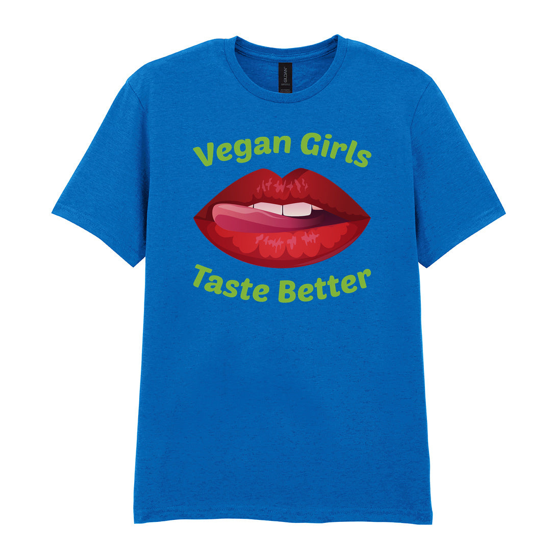 IPRINTOP Vegan Girls Taste Better Graphic T-Shirt in Royal - red lips and green lettering