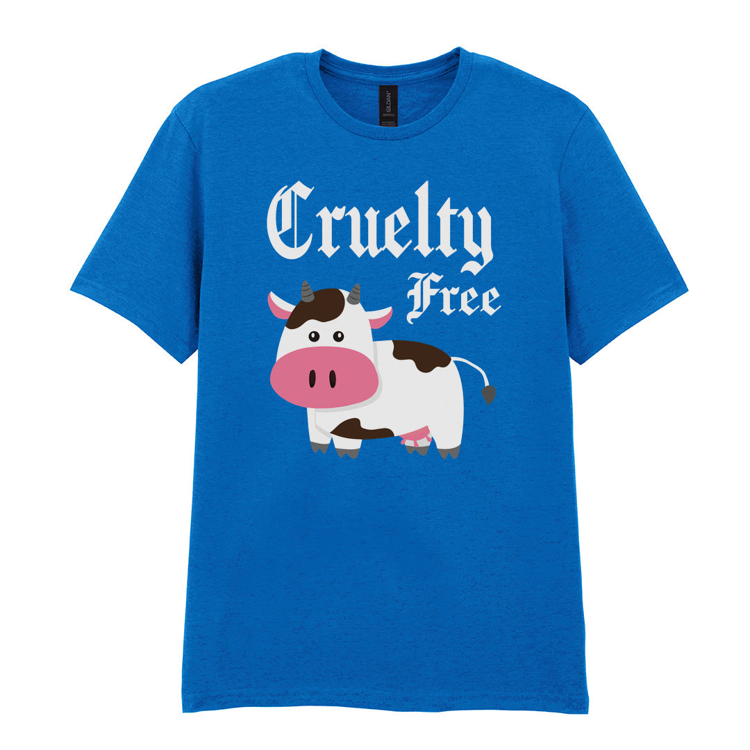 IPRINTOP Cruelty-Free Graphic T-Shirt in Royal - cartoon cow and Cruelty Free lettering