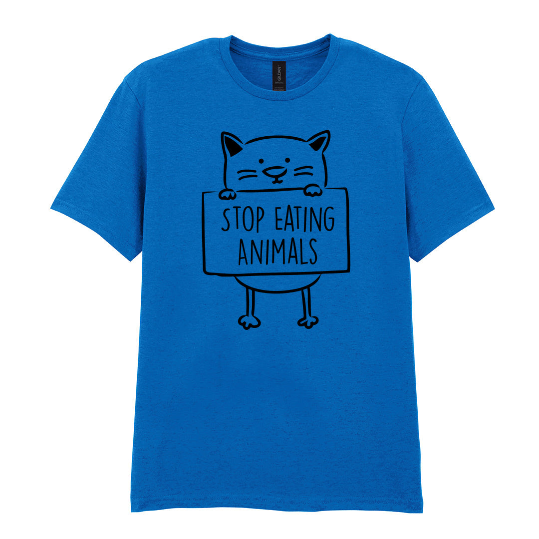 IPRINTOP Stop Eating Animals Graphic T-Shirt in Royal - cat holding Stop Eating Animals sign