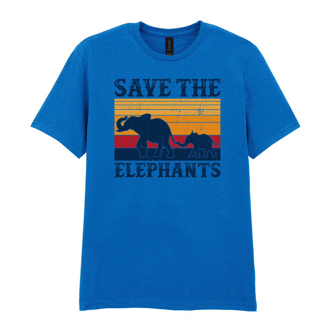 IPRINTOP Save The Elephants Graphic T-Shirt in Royal - elephant silhouettes and sunset stripes