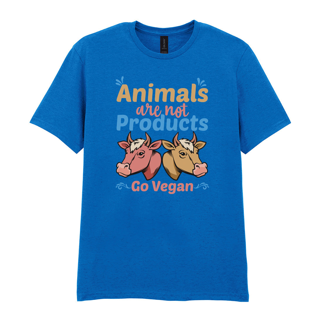 IPRINTOP Animals Are Not Products Go Vegan Graphic T-Shirt in Royal - two cows and colourful lettering