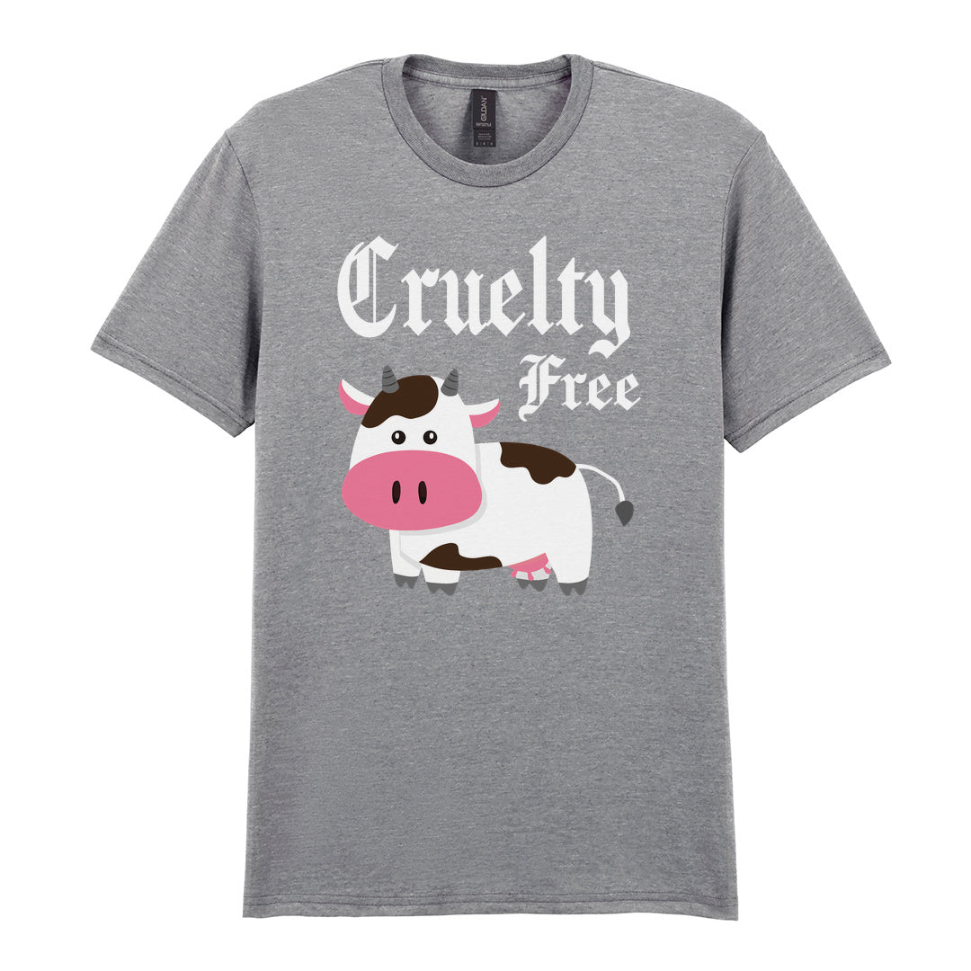 IPRINTOP Cruelty-Free Graphic T-Shirt in RS Sports Grey - cartoon cow and Cruelty Free lettering