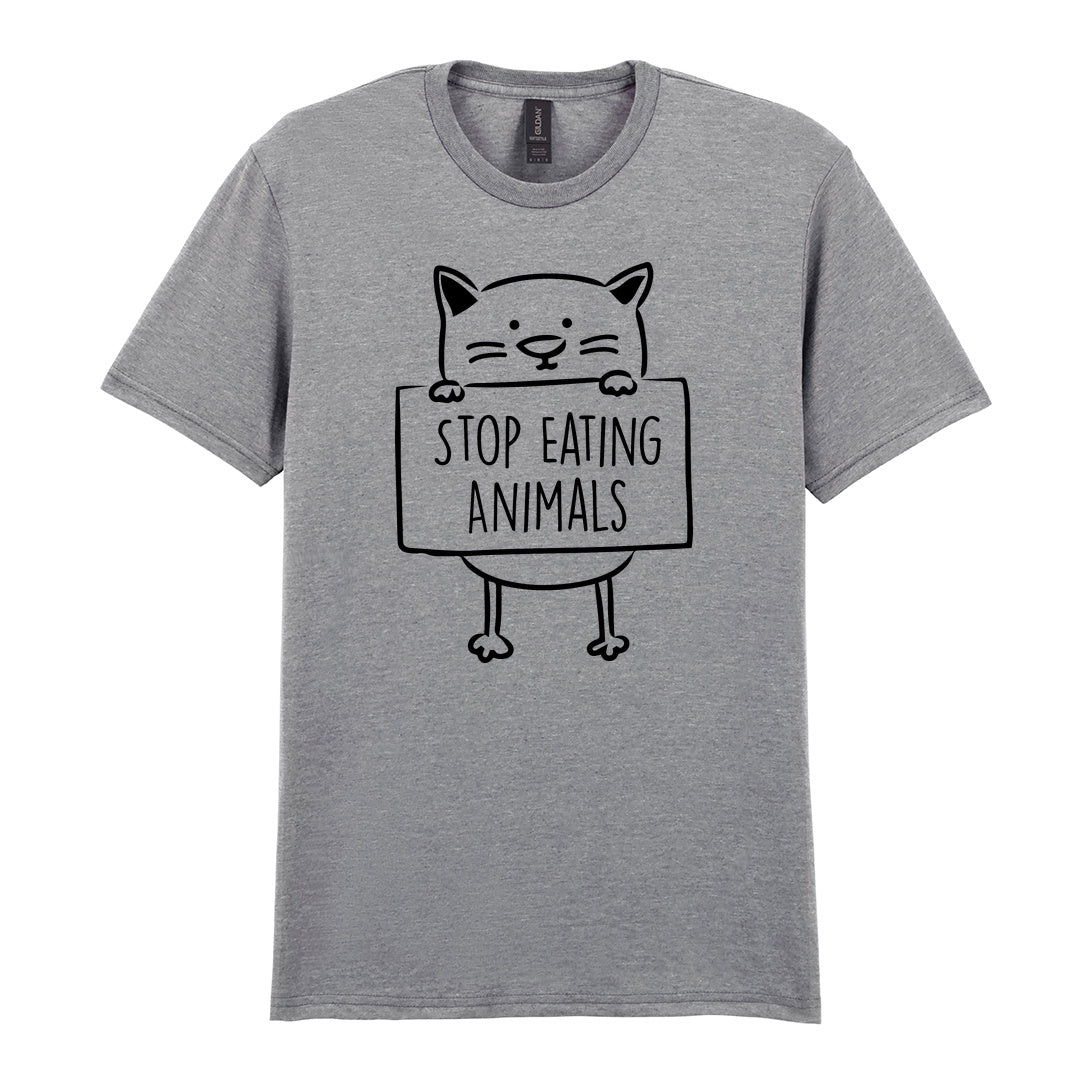 IPRINTOP Stop Eating Animals Graphic T-Shirt in RS Sports Grey - cat holding Stop Eating Animals sign
