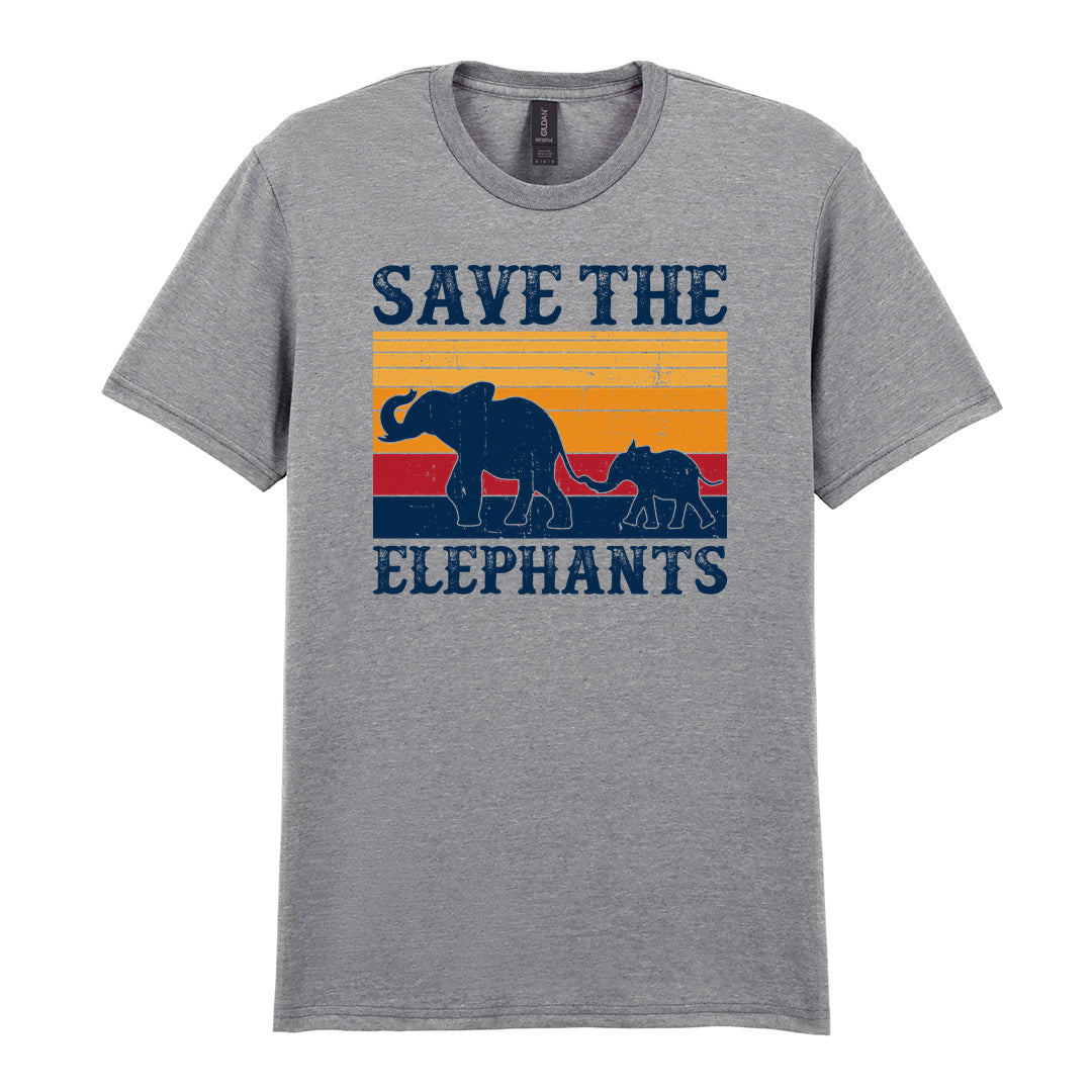 IPRINTOP Save The Elephants Graphic T-Shirt in RS Sports Grey - elephant silhouettes and sunset stripes