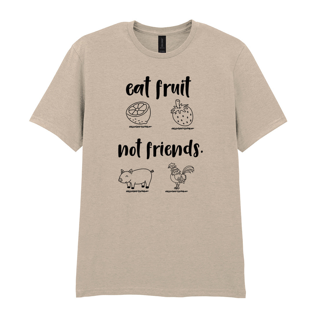 IPRINTOP Eat Fruit Not Friends Graphic T-Shirt in Sand - fruit, pig and chicken illustrations