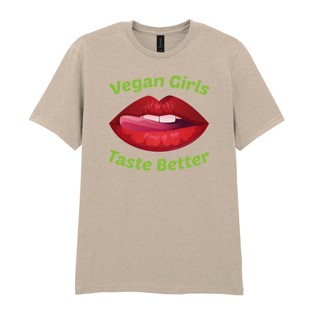 IPRINTOP Vegan Girls Taste Better Graphic T-Shirt in Sand - red lips and green lettering