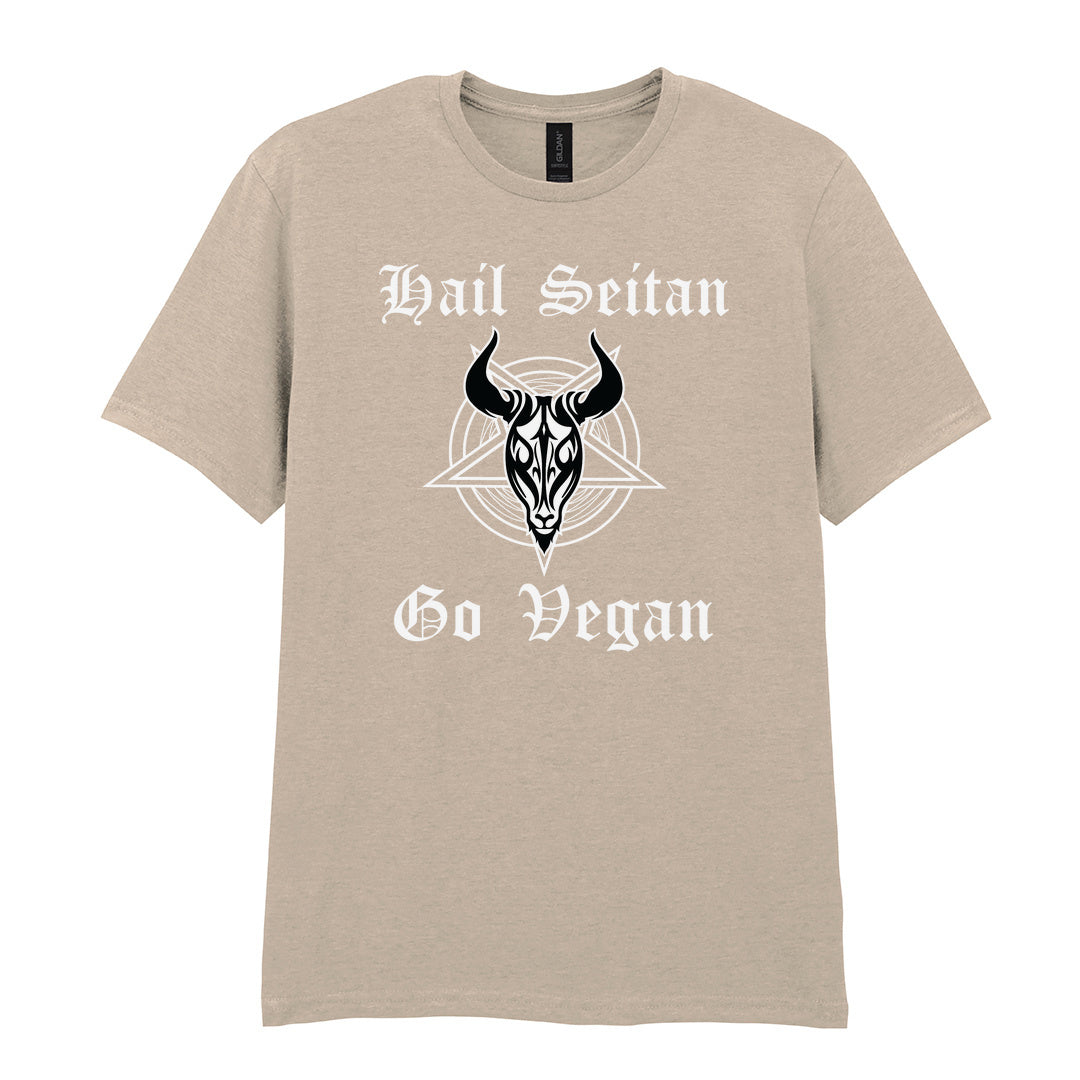 IPRINTOP Hail Seitan Go Vegan Graphic T-Shirt in Sand - goat illustration and Hail Seitan