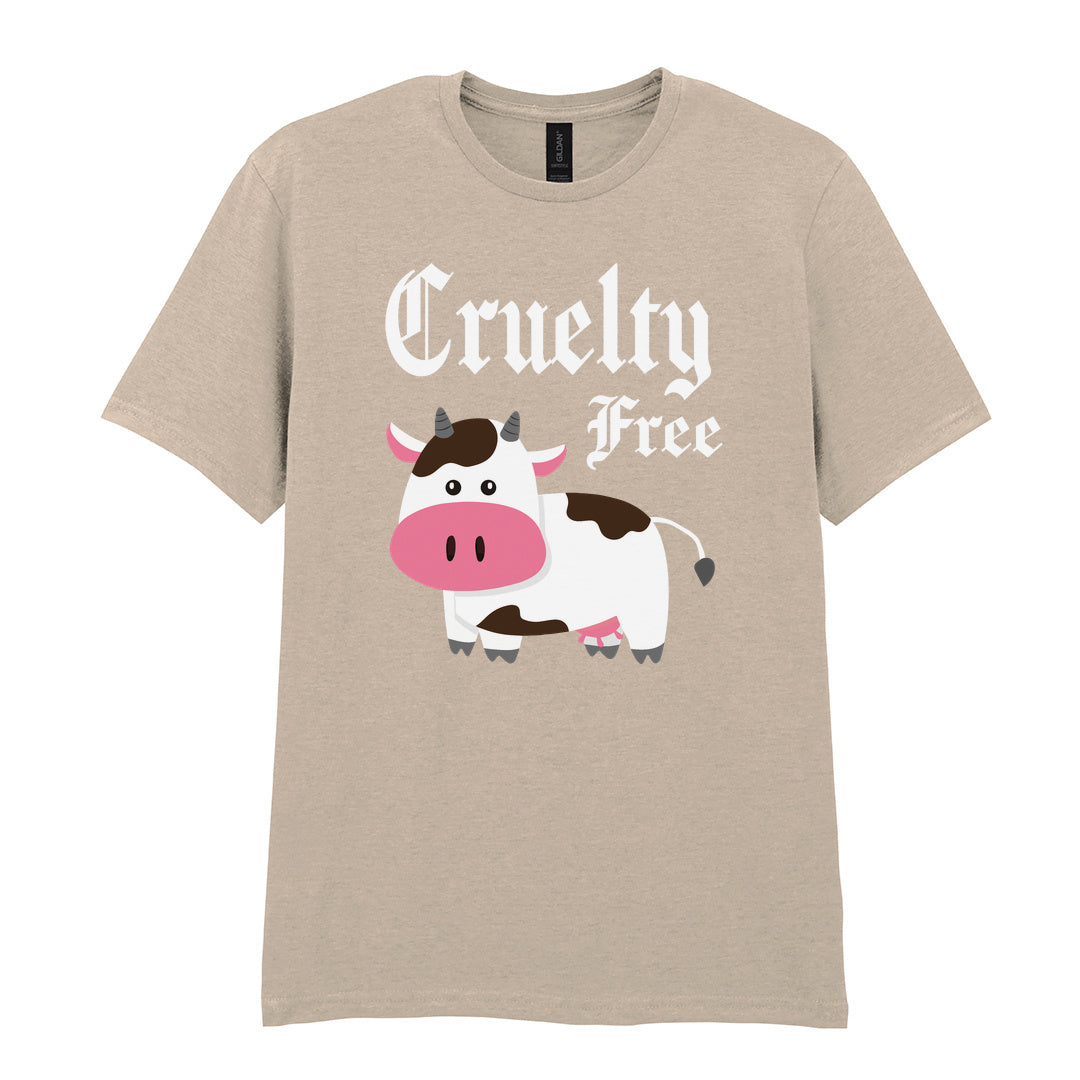 IPRINTOP Cruelty-Free Graphic T-Shirt in Sand - cartoon cow and Cruelty Free lettering