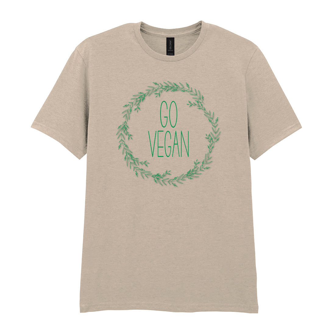 IPRINTOP Go Vegan Graphic T-Shirt in Sand - Go Vegan lettering in a leafy wreath