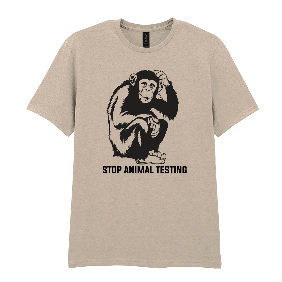 IPRINTOP Stop Animal Testing Graphic T-Shirt in Sand - chimpanzee and Stop Animal Testing