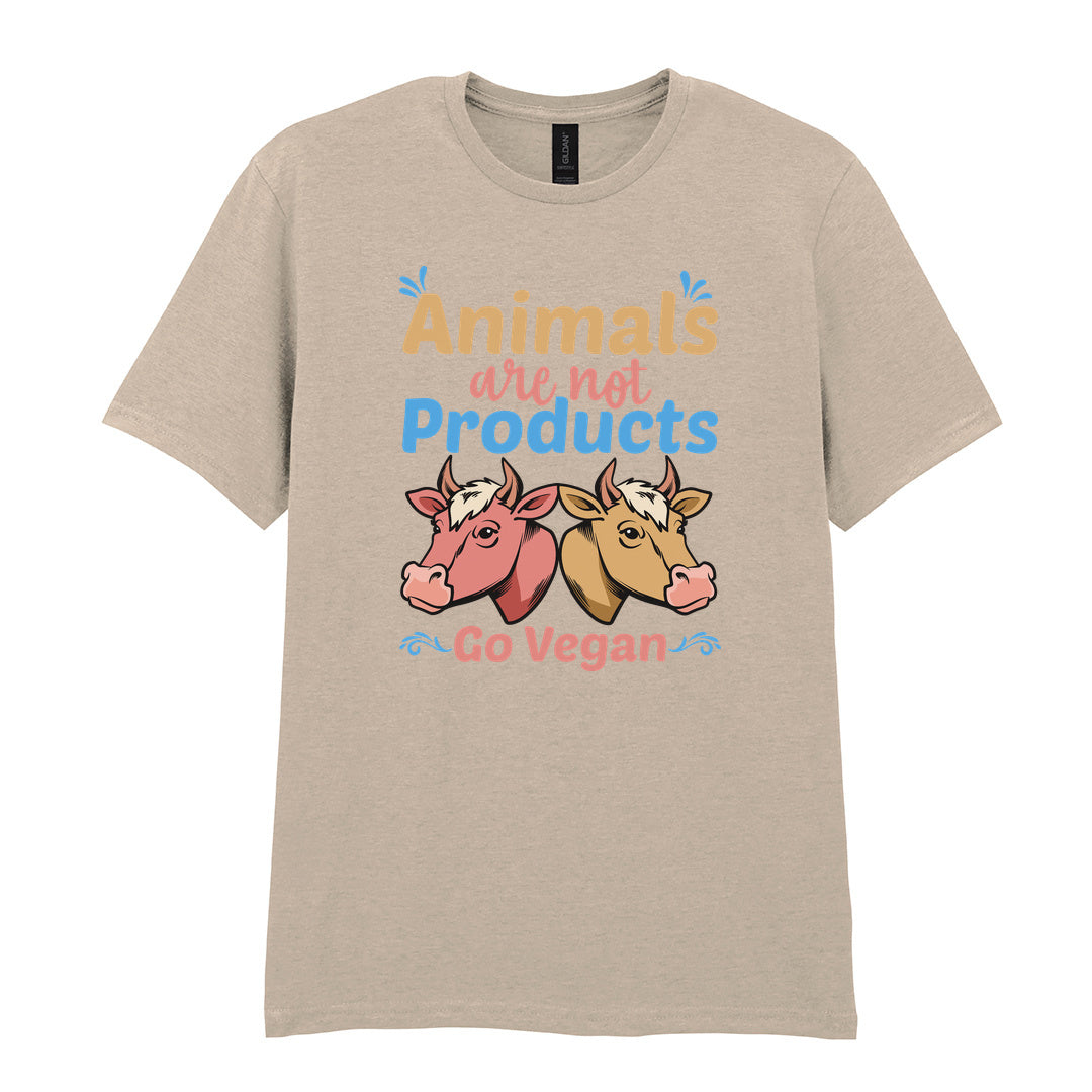 IPRINTOP Animals Are Not Products Go Vegan Graphic T-Shirt in Sand - two cows and colourful lettering