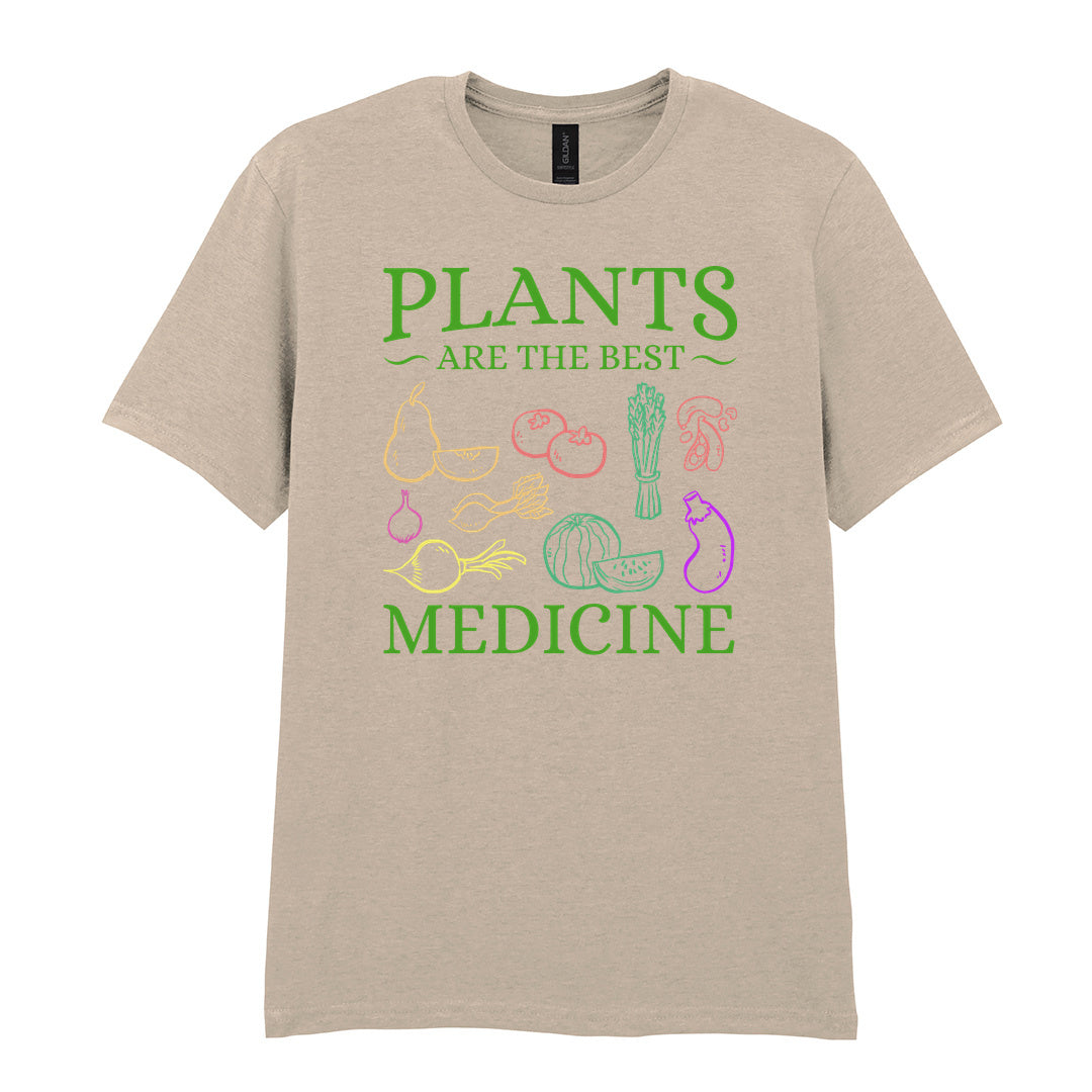 IPRINTOP Plants Are The Best Medicine Graphic T-Shirt in Sand - colourful vegetables and plant slogan
