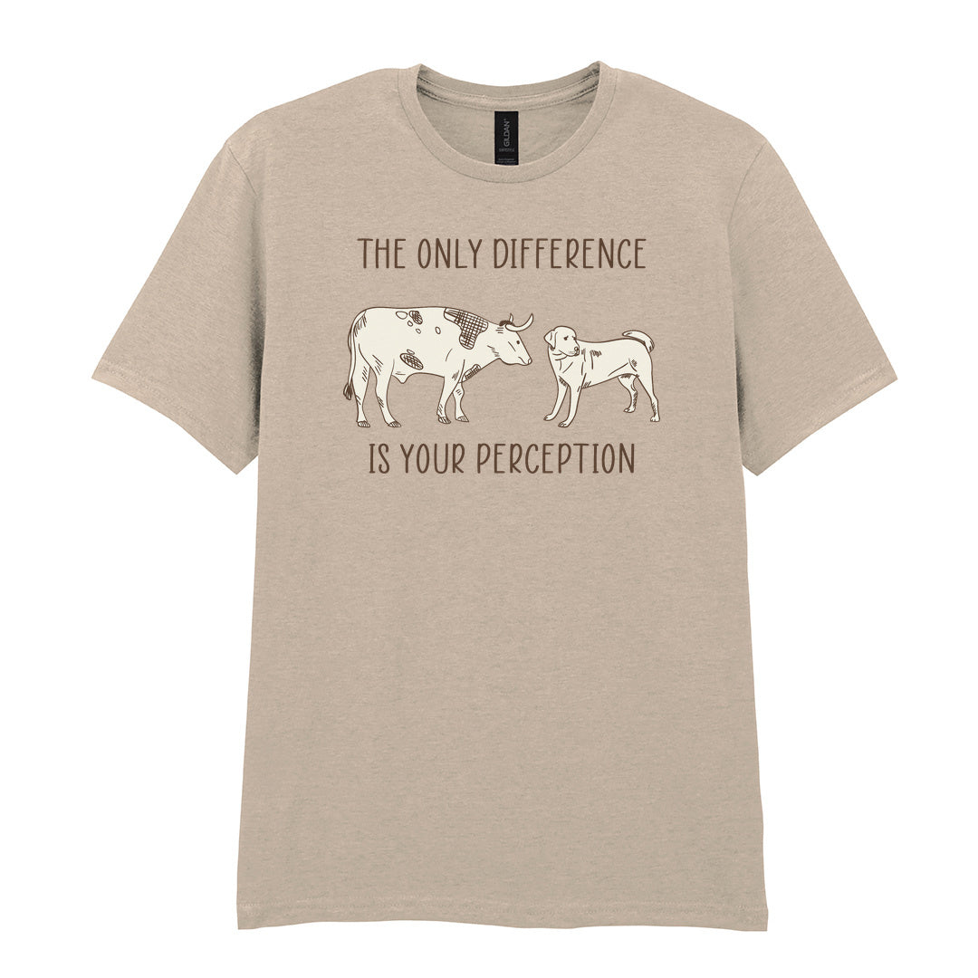 IPRINTOP The Only Difference Is Your Perception Graphic T-Shirt in Sand - cow and dog comparison illustration