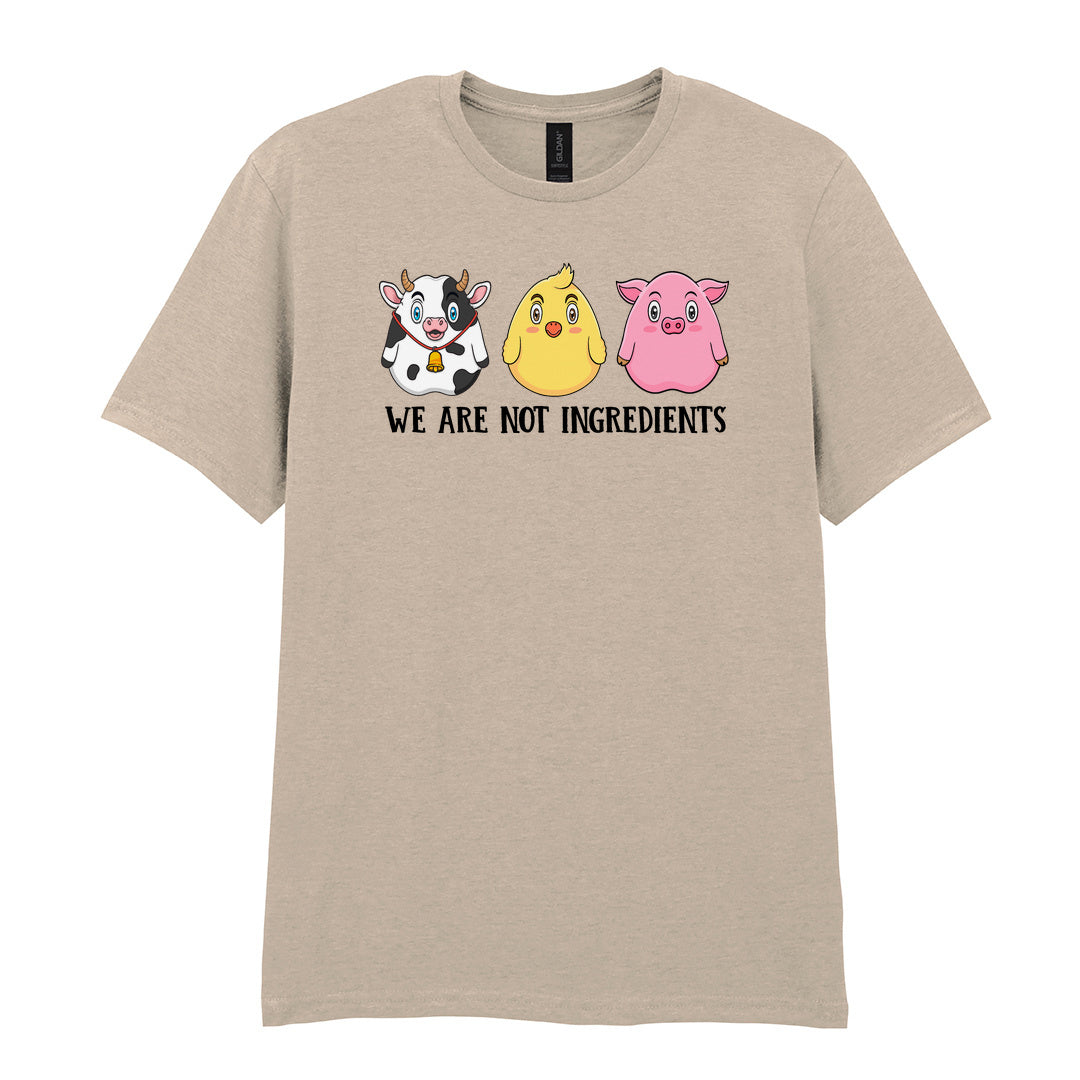 IPRINTOP We Are Not Ingredients Graphic T-Shirt in Sand - cartoon cow, chick and pig