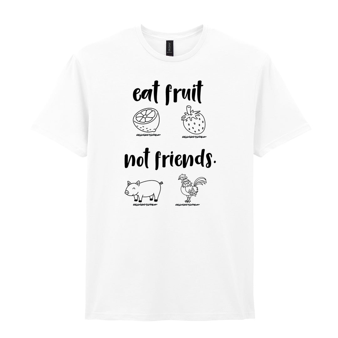 IPRINTOP Eat Fruit Not Friends Graphic T-Shirt in White - fruit, pig and chicken illustrations