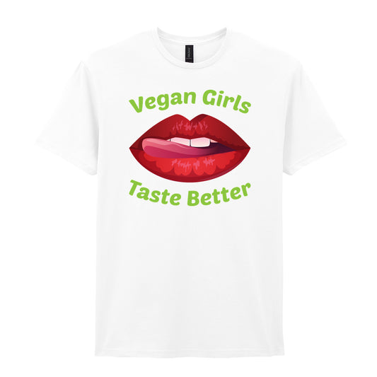 IPRINTOP Vegan Girls Taste Better Graphic T-Shirt in White - red lips and green lettering