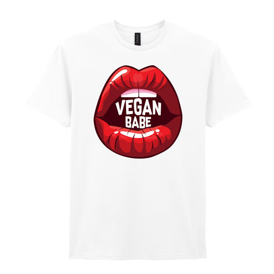 IPRINTOP Embrace Vegan Vibes Graphic T-Shirt in White - red lips with Vegan Babe lettering