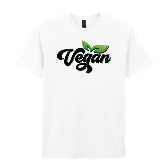 IPRINTOP Embrace Vegan Vibes Graphic T-Shirt in White - Vegan script and green leaves