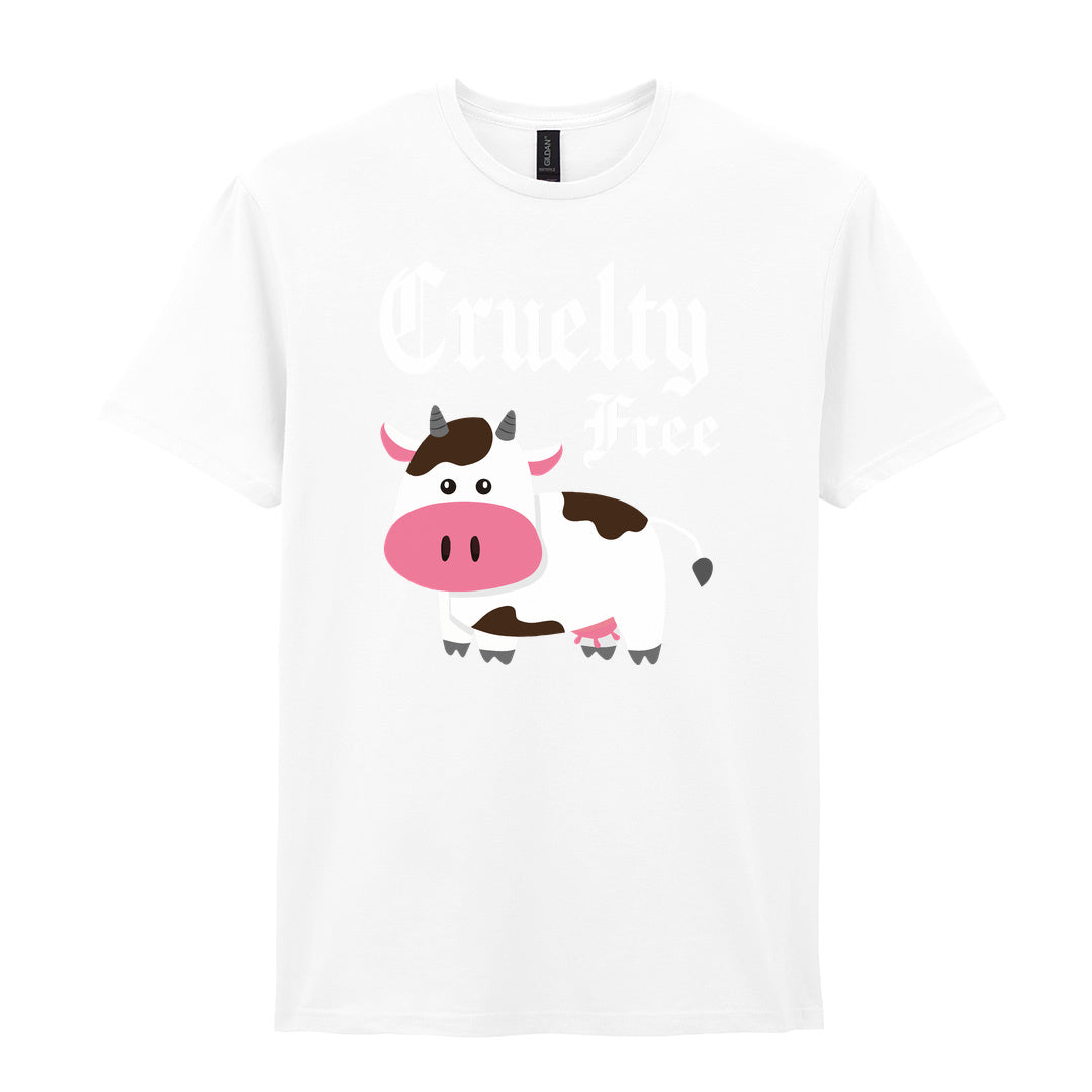 IPRINTOP Cruelty-Free Graphic T-Shirt in White - cartoon cow and Cruelty Free lettering