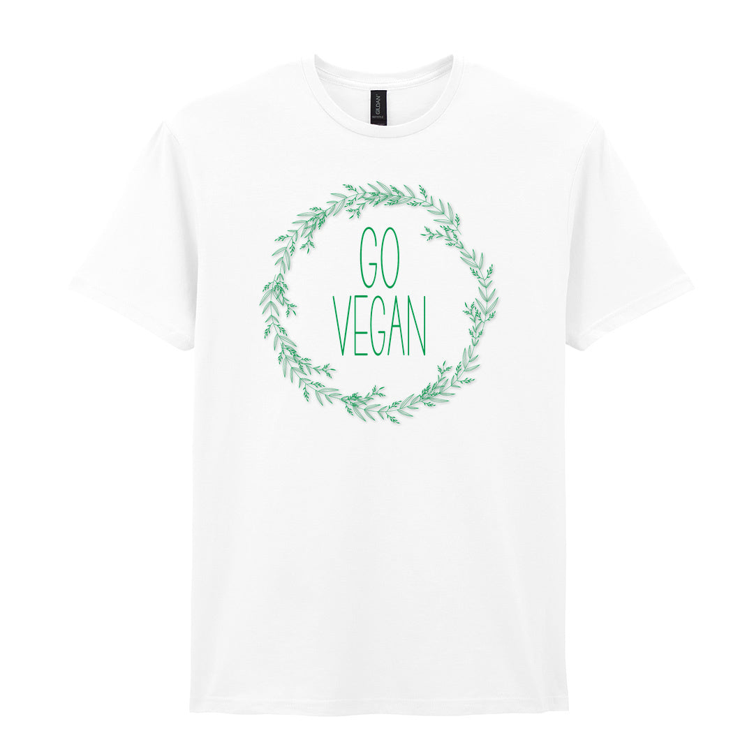 IPRINTOP Go Vegan Graphic T-Shirt in White - Go Vegan lettering in a leafy wreath