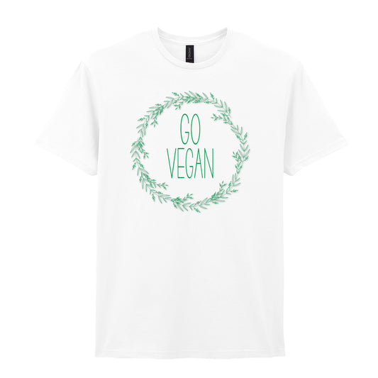 IPRINTOP Go Vegan Graphic T-Shirt in White - Go Vegan lettering in a leafy wreath