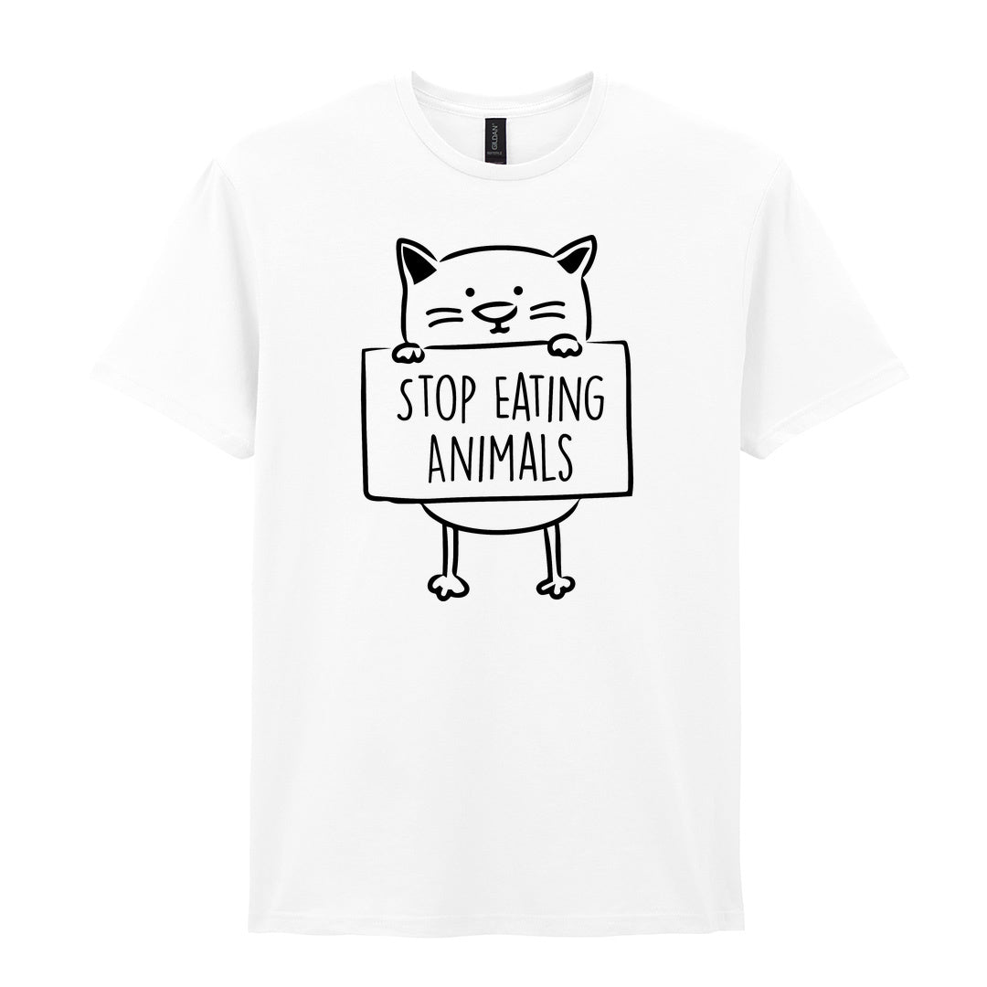 IPRINTOP Stop Eating Animals Graphic T-Shirt in White - cat holding Stop Eating Animals sign