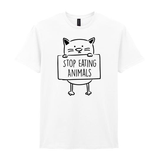 IPRINTOP Stop Eating Animals Graphic T-Shirt in White - cat holding Stop Eating Animals sign