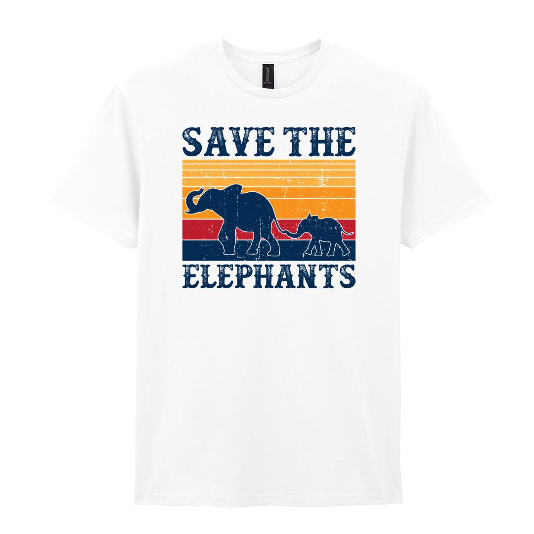 IPRINTOP Save The Elephants Graphic T-Shirt in White - elephant silhouettes and sunset stripes