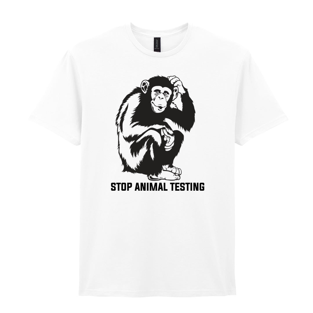 IPRINTOP Stop Animal Testing Graphic T-Shirt in White - chimpanzee and Stop Animal Testing