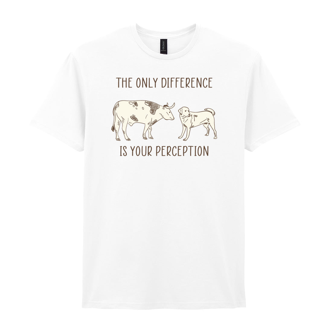 IPRINTOP The Only Difference Is Your Perception Graphic T-Shirt in White - cow and dog comparison illustration
