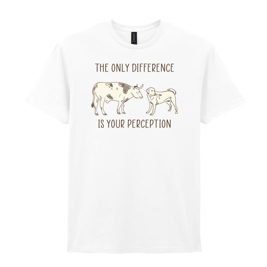 IPRINTOP The Only Difference Is Your Perception Graphic T-Shirt in White - cow and dog comparison illustration