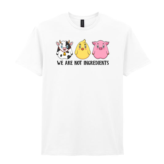 IPRINTOP We Are Not Ingredients Graphic T-Shirt in White - cartoon cow, chick and pig
